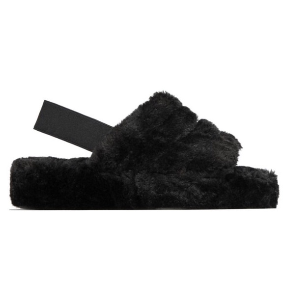 Black Fluff Fuzz Slippers Slides With Ankle Strap - Picture 5 of 8
